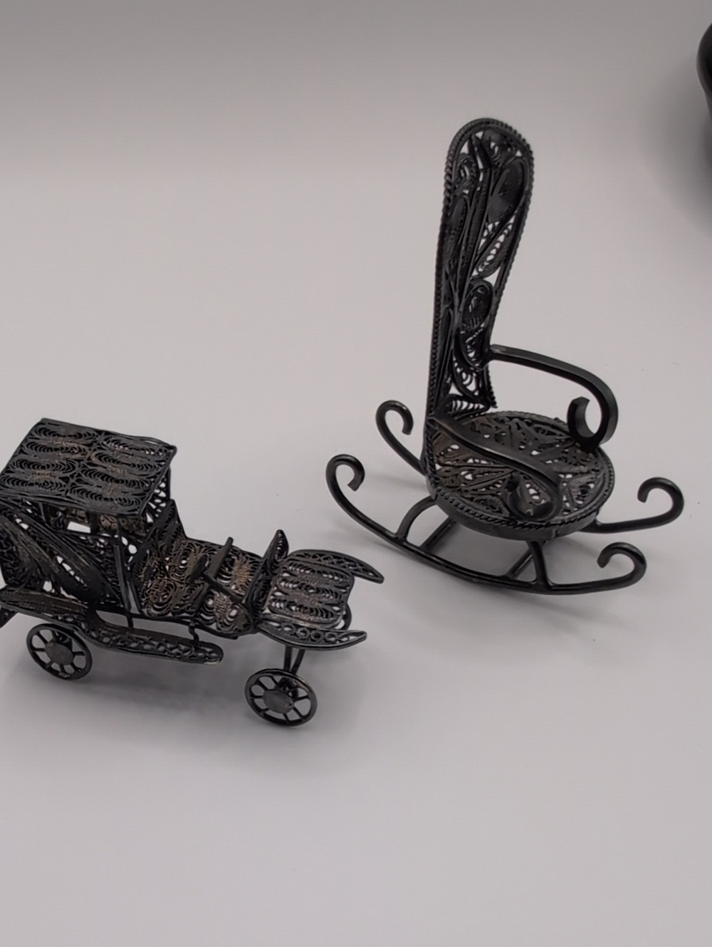 Vintage Sterling Silver 925 Filigree Car & Rocking Chair Mini Set